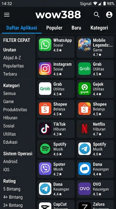 Tampilan katalog aplikasi wow388